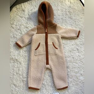 Cozy Cream & Brown Sherpa Zip Baby One-Piece